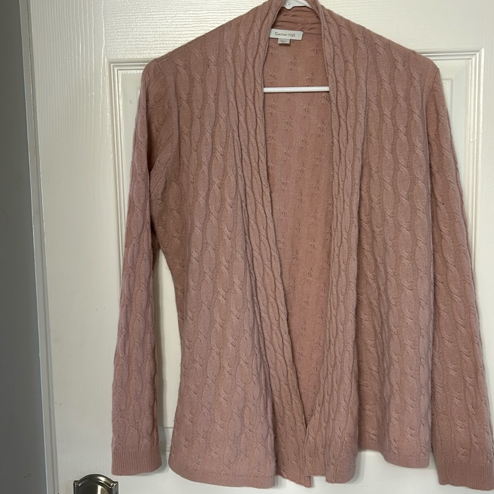 Garnet Hill pink 100% cashmere open cardigan cable knit
